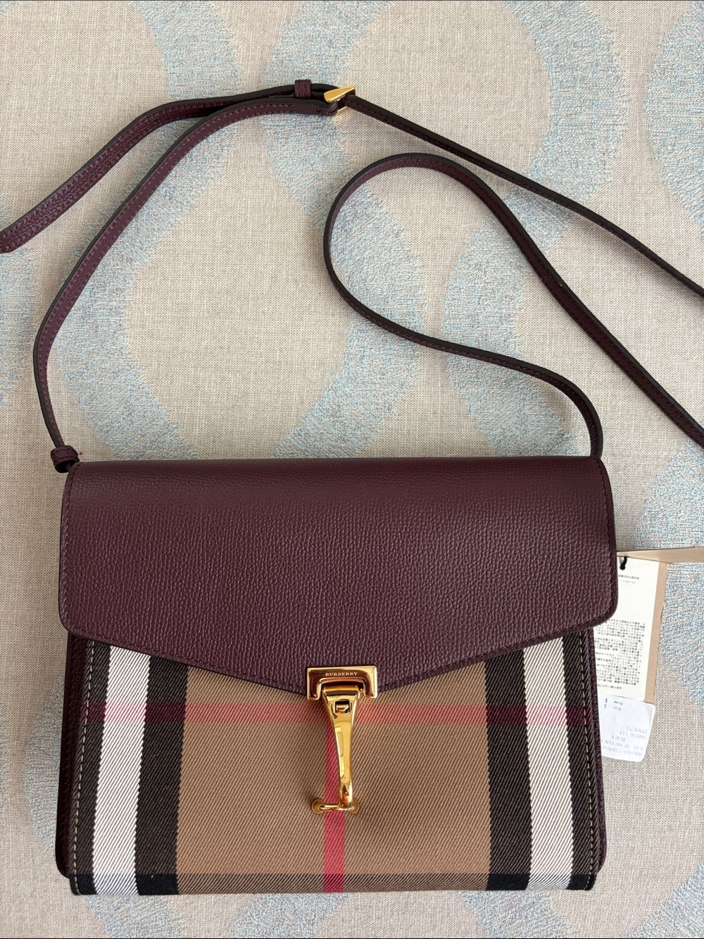 Burberry Burgundy Leather & Vintage Check Crossbody with Gold Hardware